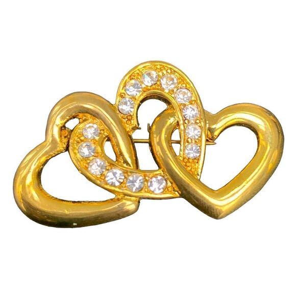 Triple Heart Gold Tone & CZ Lapel Pin - Vintage Style Love Brooch - Picture 1 of 8